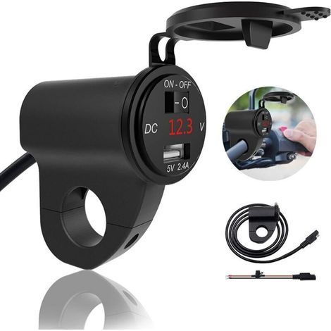 Chargeur Téléphone Moto Étanche avec Voltmètre et Fusible, Prise USB avec Interrupteur, Adapté Guidon 22 mm, Noir (1/5)