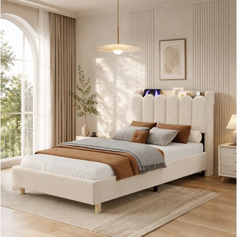 Cama infantil 90x200 cm de terciopelo beige con cabecero, ahorro de espacio, sin colchón – MEUBLIV (1/5)