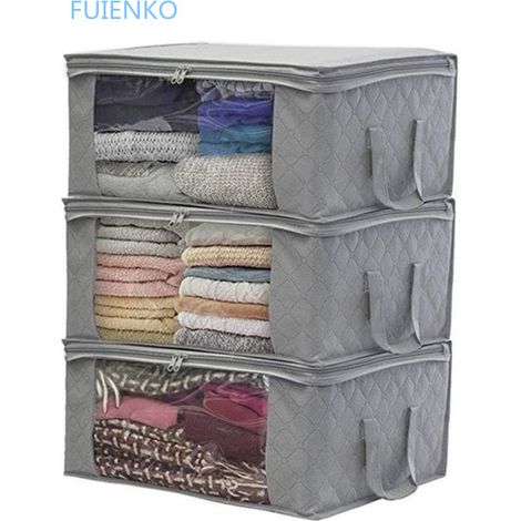 Sac de rangement pliable sous lit 3PCS – Tissu gris – 48 x 35 x 20 cm – Grande capacité 33,6L – Fermeture éclair robuste – Fuienko