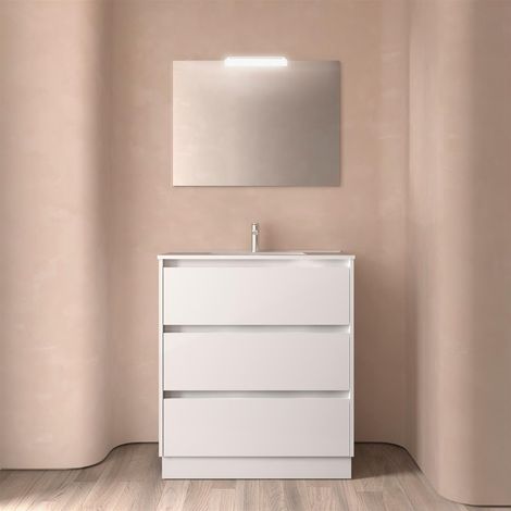 Ensemble complet Noja 800 3 tiroirs BLANC SATIN + meuble-lavabo + miroir + luminaire (1/4)