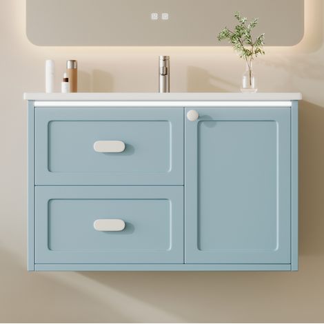 Meuble lavabo suspendu 76x46x51 cm MDF et céramique bleu, LED, gain de place – MEUBLIV (1/5)