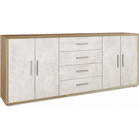 Mueble móvil con 4 puertas y 4 cajones, 203L x 41P x H84 – Acabado en madera nogal y blanco mate – Sarmog