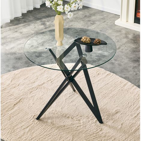 Table basse ronde en verre trempé et métal, Ø 85 cm, hauteur 75,7 cm, plateau transparent, piètement géométrique croisé, table de salon moderne pour espace lounge – CHICFURN (1/5)