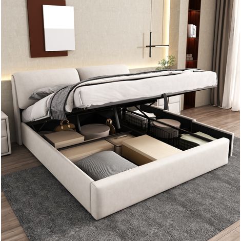 Lit coffre 180x200 cm avec 3 tiroirs, rangement et tête de lit réglable, en velours, beige, sans matelas (1/5)