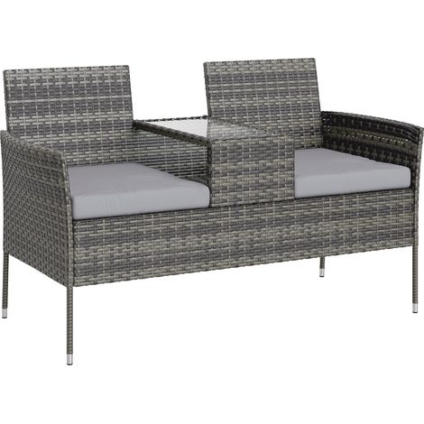 Polyrattan Gartenbank 2-Sitzer Outdoor Sitzbank mit integriertem Couchtisch Rattan PE 137x59x82cm Grau Balkon
