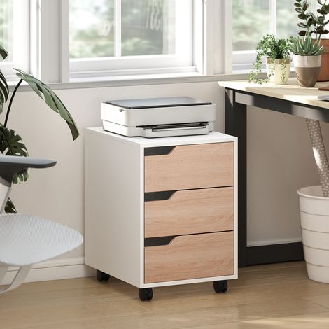Caisson bureau mobile meuble rangement sur roulettes 3 tiroirs 40x50x57 5cm blanc et chêne (1/5)