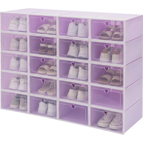 Boîtes à chaussures empilables, organisateur de chaussures de 20 pièces, boîte de stockage de chaussures pliable avec couvercle transparent, violet (1/5)