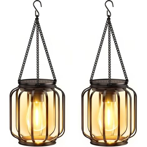 Lampe Solaire Exterieur Jardin Suspendue, 2 Pièces Lanterne Solaire Exterieur avec Ampoule LED, IP65 Étanche Métal lumiere solaire exterieur pour Terrasse Pelouse (1/5)