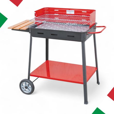 Barbacoa de carbón con ruedas parrilla ajustable acero pintado esmaltado estante lateral madera 60x40x85cm