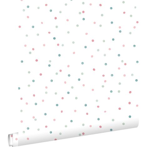 papier peint à motif de petits points rose, vert menthe et bleu gris  - ESTAhome