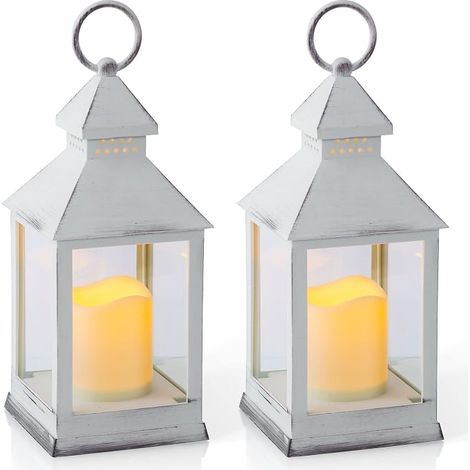 Paquete de 2 faroles decorativos blancos de estilo vintage con temporizador, funcionan con pilas, faroles LED sin parpadeo, aptos para mesas de interior y exterior - XS6 - (1/5)
