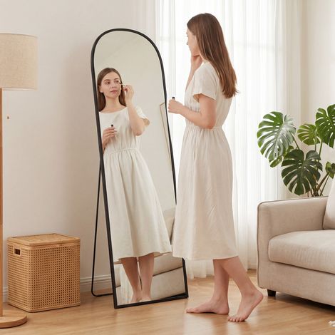 Miroir sur Pied et Mural Moderne en Alliage d'Aluminium avec Support Pliable, 50x170 cm, Noir (1/5)