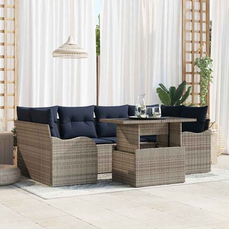 vidaXL Conjunto de sofá de jardín 7 uds. Gris y marino ratán sintético (1/5)