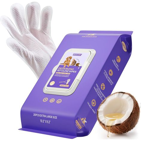 Gants de Nettoyage pour Chiens et Chats, 20, Parfum Coco Lingettes Humides Double Face pour le Toilettage et les Pattes, Sans Rinçage, Formule à l'Huile de Coco pour Peau Sensible (1/5)