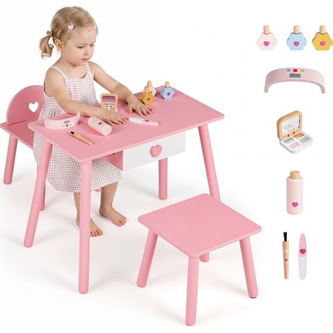 Table de Maquillage Princesse avec Outils de Manucure, Tiroir et 2 Tabourets pour Chambre, Salle de Jeu (1/5)
