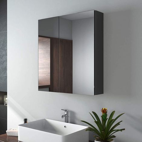 EMKE Bathroom Mirror Cabinet Double Door - Wall Mounted Bathroom Cabinet Storage Cupboard with Adjustable Shelf, Black 60L x 65H cm (1/5)
