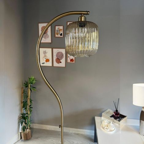 Lampadaire Vesper Verre, Moderne, Lampadaire pour Salon, Chambre à Coucher, Chambre d'enfant avec Douille E27, Largeur 37 cm, Abat-jour Réglable, Lampadaire avec Tablette et Variateur (1/4)