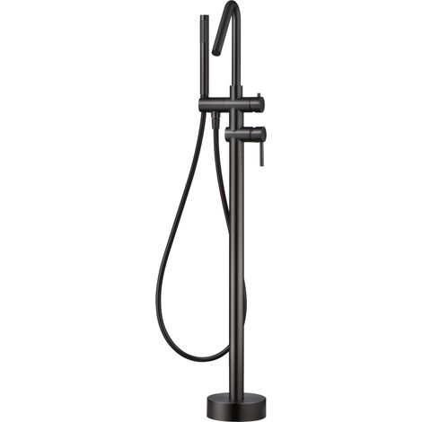 IMEX Miscelatore vasca-doccia a pavimento in acciaio e ottone nero opaco con cartuccia ceramica Ø35 mm tubo flessibile in PVC y manopola singola Imex-BBECO1-BGM