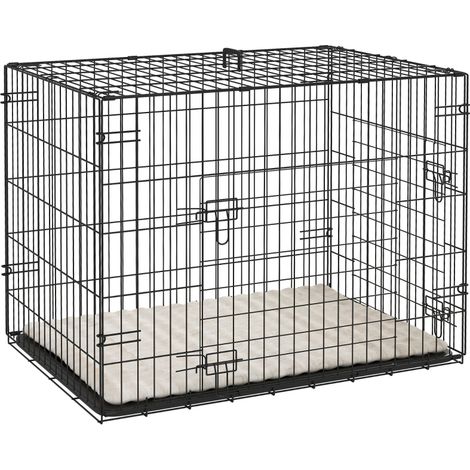 Faltbare Hundebox – Hundetransportbox 75 x 48,5 x 53 cm – 2 Türen – Herausnehmbare Schale und Kissen – Schwarz