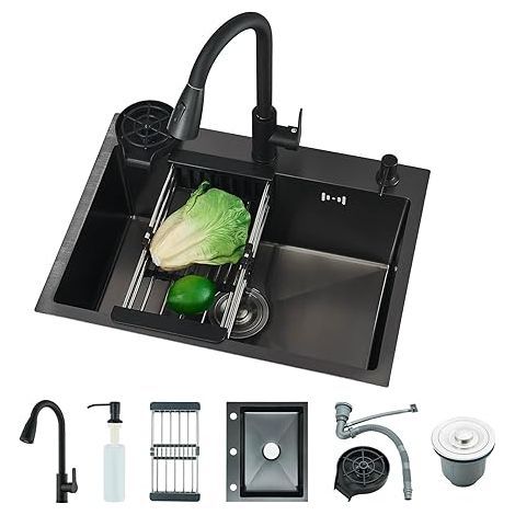 Évier de cuisine multifonctionnel noir avec lave-vaisselle et distributeur de savon (60 x 45 cm) et robinet amovible. (1/5)