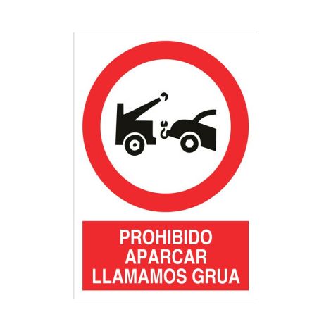 Señal de pictograma y texto Prohibido aparcar "Avisamos Grúa"                                                   Pegatina Adhesiva       297X210