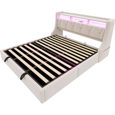 Cama con almacenaje 180 x 200 cm de terciopelo beige con cabecero abatible, LED y enchufes (1/5)