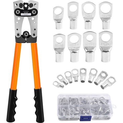 HX-50B Battery Cable Crimping Tool Kit for 6/10/16/25/35/50 mm², Wire Crimping Tool with 60 PCS Copper Ring Terminals, Battery Cable Lug Crimper for Electrical Lug Crimper, Copper Lugs