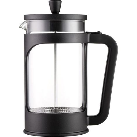 Cafetera/tetera de émbolo de 1 litro (34 oz) fabricada en vidrio de borosilicato resistente al calor, con filtro de acero inoxidable y tapa negra. (1/3)