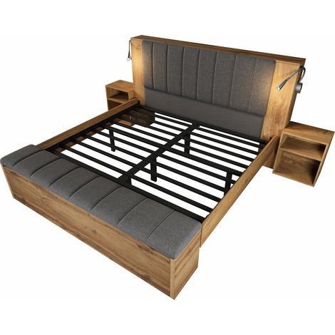 Letto matrimoniale 160x200 cm in legno effetto rovere con testiera ribaltabile e luci USB (1/5)