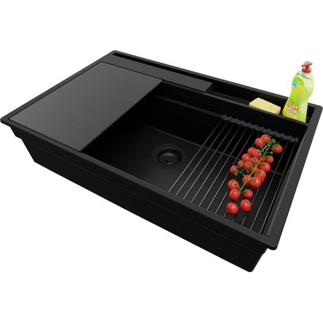 PRIMAGRAN Evier Cuisine en Granit 78x53cm,Lavabo 1 bac + Kit de Vidage + Accessoires, Évier à Encastrer au meuble 80cm - Oslo Pocket, Tout Noir (1/5)