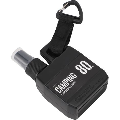 Flacon pulvérisateur vide en plastique de 80 ml, mini, rechargeable, portable, pour le camping et les voyages en plein air, avec boucle de suspension, noir. (1/5)