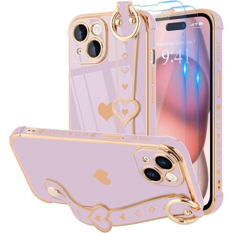 Custodia per iPhone 15 Pro Max con cinturino da polso - grazioso design a cuore, il cinturino da polso funge anche da supporto, 2 pellicole protettive per lo schermo incluse - nero (1/2)