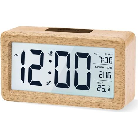 Sveglia digitale, orologio da comodino in legno con ampio schermo LCD retroilluminato, visualizzazione della temperatura, funzione snooze, sensore di luce, 3 batterie AAA [batterie non incluse] (1/4)