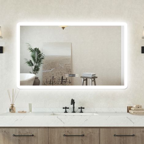 Specchio bagno Rettangolare 100x60cm Led Con 3 Luci + Orologio + Antiappannamento (1/5)
