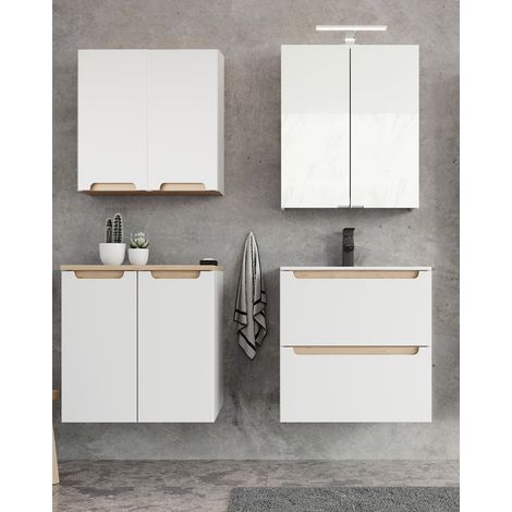 Badmöbel Set Hochglanz weiß mit Trüffel-Buche SOFIA-107 Keramik-Waschtisch & Spiegelschrank, B/H/T ca. 150/200/46 cm (1/5)
