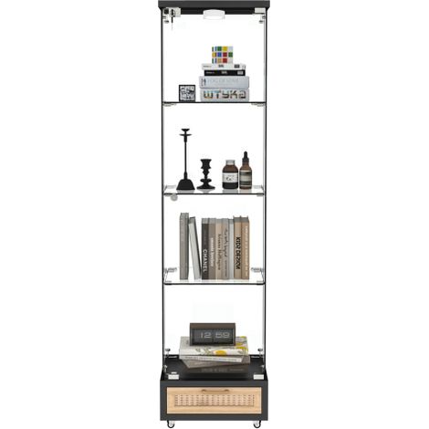 Vitrine en verre moderne et minimaliste (avec tiroir) — Éclairage LED intégré, étagères en verre trempé, meuble de rangement à 4 niveaux et une porte — Idéal pour salons et chambres (Noir) (1/4)