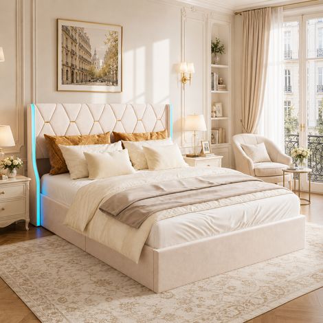 Lit coffre double 160 x 200 - Velour beige - Lit adulte 160 x 200 avec Bande lumineuse LED - Rangement hydraulique - Sommier à lattes - Design minimaliste moderne (1/5)