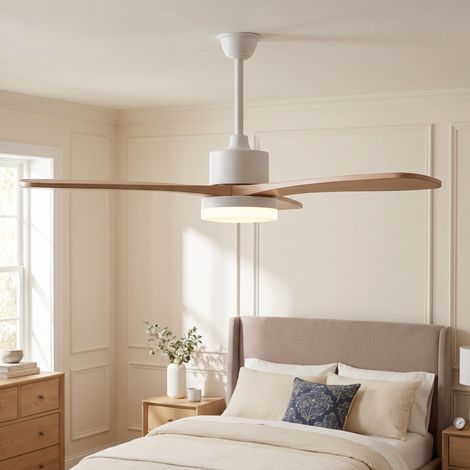 Ventilateur de plafond avec lumière LED 3 couleur, diamètre 106,6 cm, 6 vitesses et réversible, pales en bois massif, style moderne, Bois naturel et Blanc (1/5)