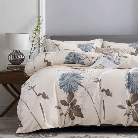 Couette Queen Size, 600 fils au pouce carré en coton marron branches et fleurs bleues ensembles de couette blanc cassé, parure de lit alternative en duvet 3 pièces (Queen, botanique blanc cassé) (1/2)