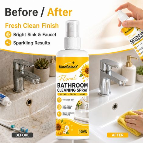 KineShineX Floral Badezimmerreinigungsspray entfernt kraftvoll Flecken und Seifenreste und hinterlässt einen frischen Duft und ein glänzendes Finish. (1/5)