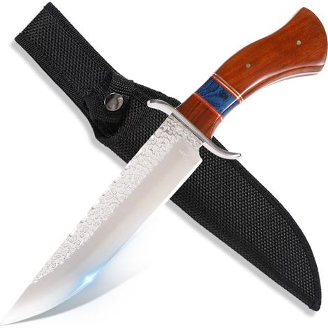 Couteau Outdoor 32cm – Lame Straight-Back avec Finition Marteau, Garde Classique en S en Acier Inox, Poignée Ergonomique en Bois avec Bleu Stabilisé, Compagnon Élégant pour la Nature (1/5)