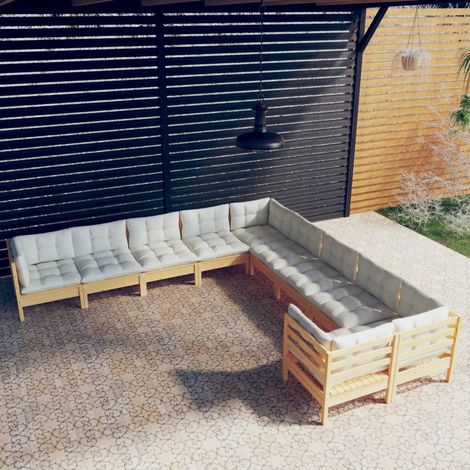 Salon de jardin 10 pcs,Mobilier de terrasse,Table et Chaise pour Relax avec coussins crème Bois de pin -YZ458109 (1/5)