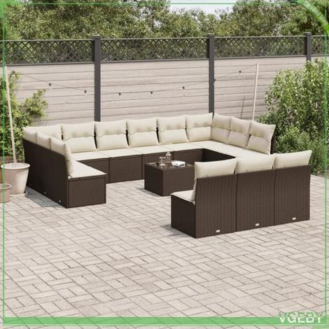 Salon de jardin - 3250242 - résine tressée marron - coussins blanc crème déhoussables - rangement étanche (1/3)