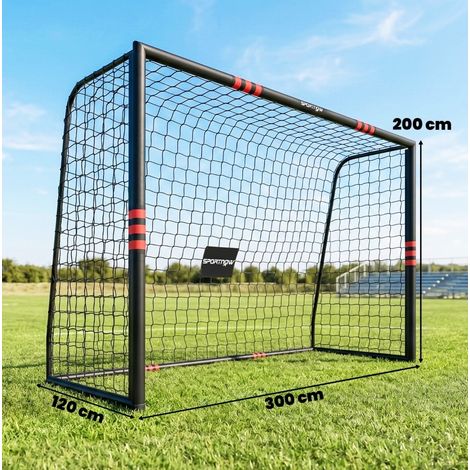 Portería de fútbol de 300x200 cm con protección acolchada, anclajes al suelo, metal negro y rojo (1/5)