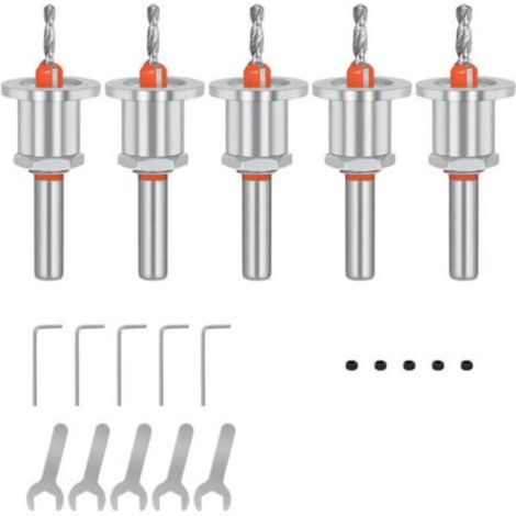 Ensemble de 5 forets à chanfreiner, foret à fraiser conique de 8 mm pour bois, clé hexagonale et vis pour percer le bois (2,8, 3,0, 3,2, 3,5, 4 mm) (1/4)