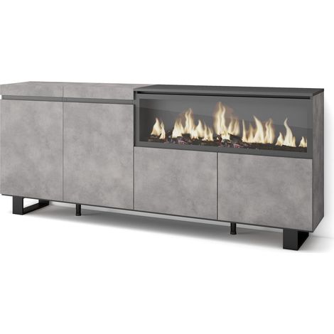Skraut Home - Buffet salon et cuisine, Meuble de Rangement, Commode, 210, 4 Portes, Cheminée électrique XXL, Design industriel, Style moderne, Gris Ciment (1/5)