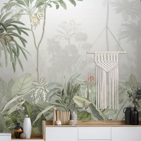 Papier peint panoramique tropical – Brume d'un matin dans la jungle 300 x 280 cm – Texture lisse – Résistant à la lumière – Entretien facile – Art For The Home