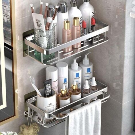 Étagère Douche Adhésive Aluminium 2 Crochets Porte Serviettes Rangement Salle de Bain (1/4)