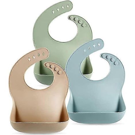 Lot de 3 bavoirs en silicone mignons pour bébés et jeunes enfants (10-72 mois) : imperméables, doux, unisexes, anti-taches (marron/bleu/vert) (1/5)