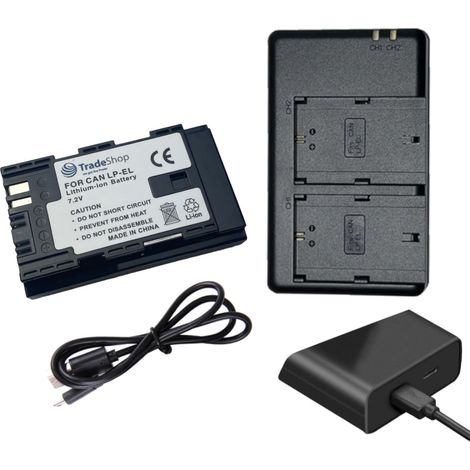 2in1 Set: 2-fach Ladegerät Micro-USB Typ-C + Li-Ion Akku (7,2V / 2600mAh) kompatibel mit Canon LP-EL DS401231 LC-E6 LC-E6E EL-1 EL-5 Speedlite (1/4)